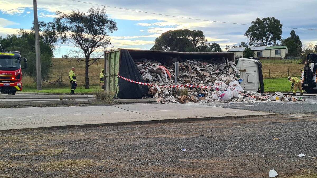 A semi-trailer laden with rubbish crashed and rolled on Almond Street, near Picton Road at Wilton on Tuesday, June 11, 2024. Picture by Darren Malone