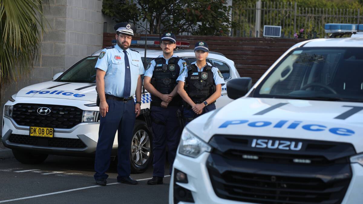Inspector Luke Geradts, Constable Liam Azzopardi and Constable Kayla Green at Lake Illawarra Police Station on May 21, 2024. Picture by Robert Peet