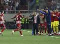 Olympiacos's Ayoub El Kaabi scored twice in the 2-0 Conference League semi win over Aston Villa. (AP PHOTO)